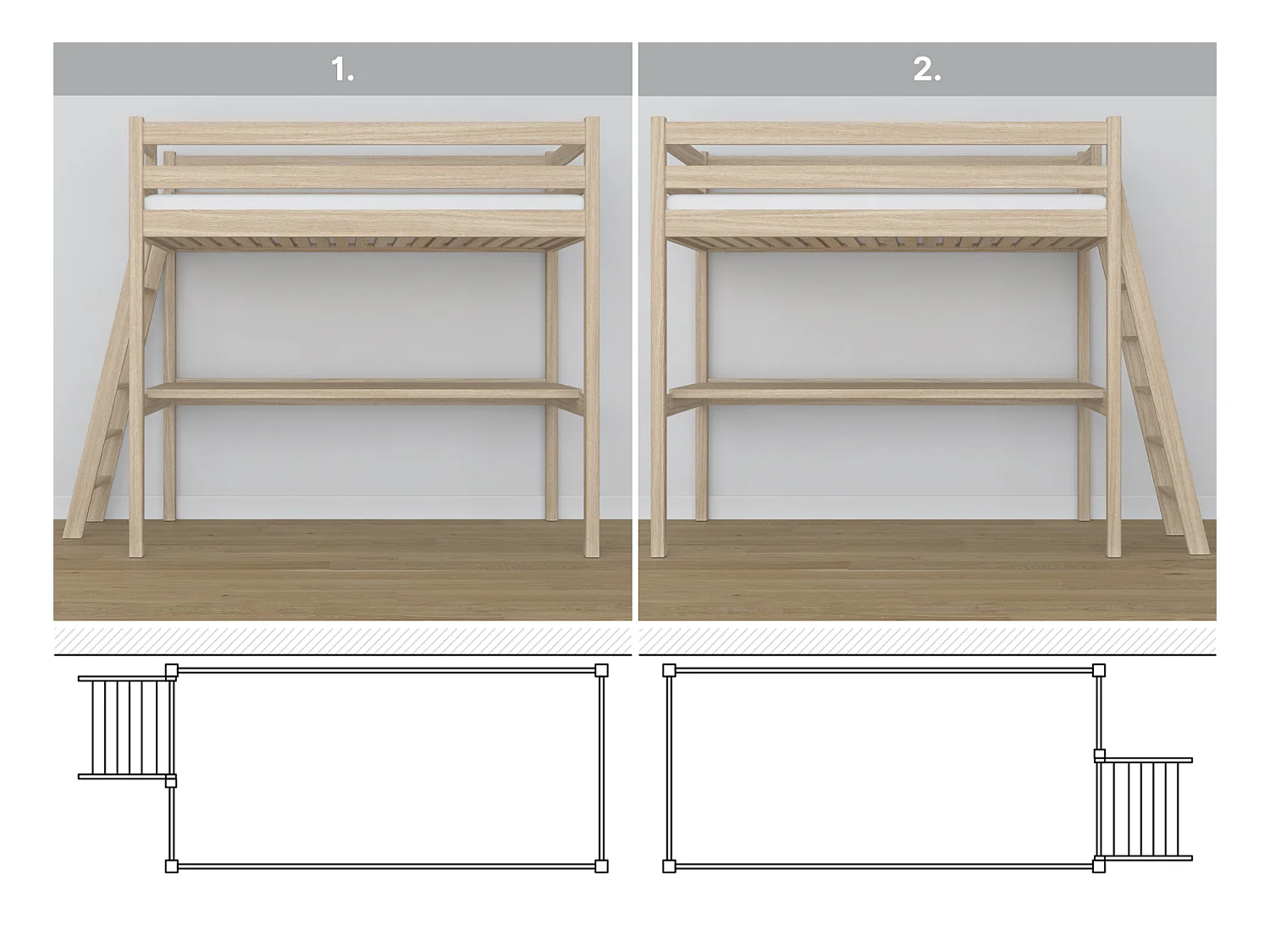 Lit mezzanine en chêne - avec bureau N02 Chêne Blanchi 90x190
