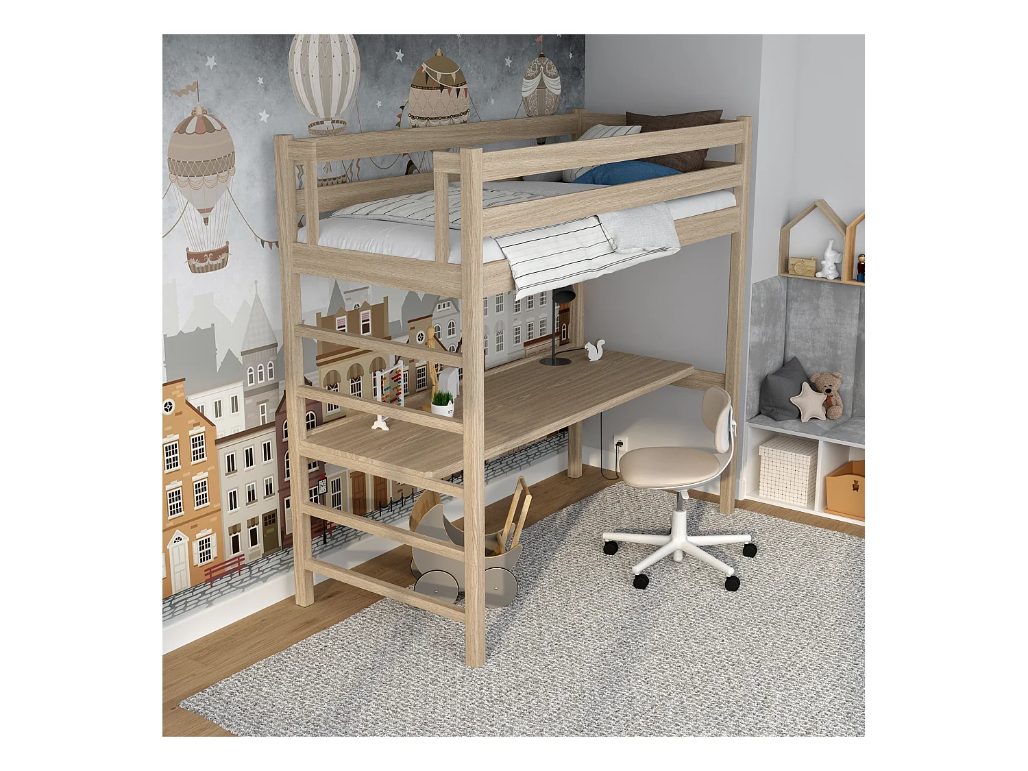 Lit mezzanine en chêne - avec bureau N01 Chêne Blanchi 90x190