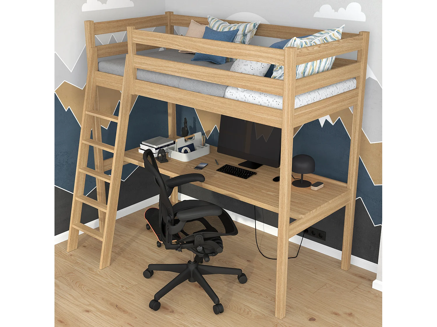 HOCHBETT N03 mit Schreibtisch Eiche Natur 80x190