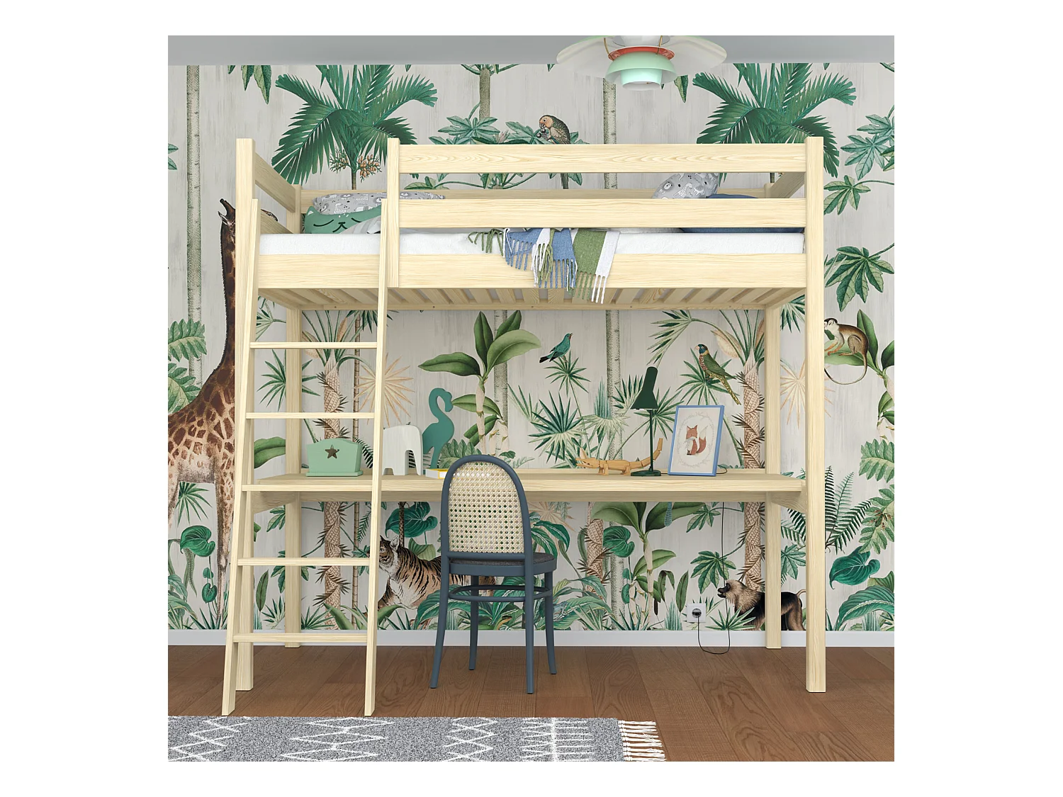 Lit mezzanine en bois - avec bureau N03 Pin Clair 90x200