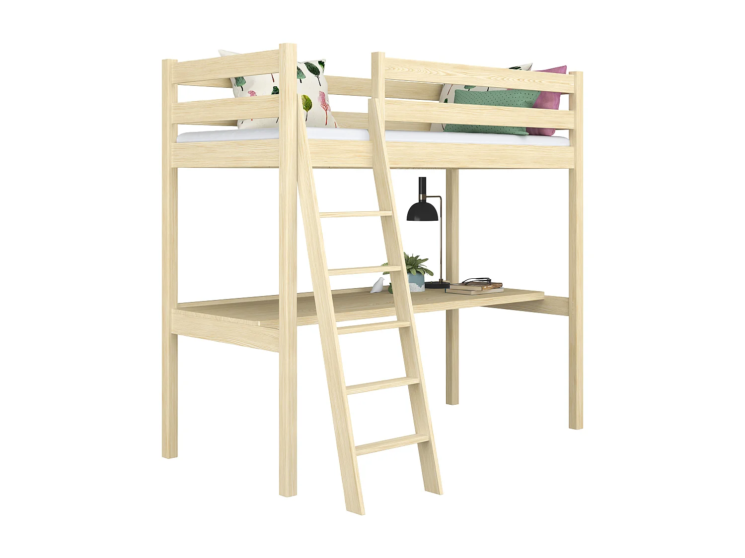 Lit mezzanine en bois - avec bureau N03 Pin Clair 90x200