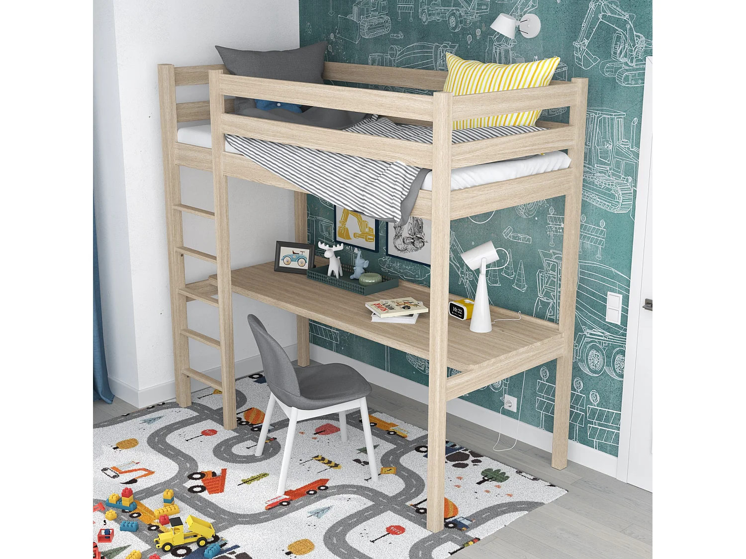 Lit mezzanine en chêne - avec bureau N05 Chêne Blanchi 100x200