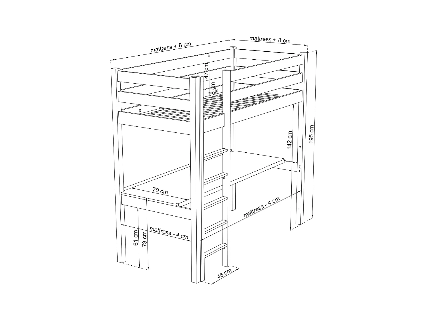 Lit mezzanine en chêne - avec bureau N05 Chêne Blanchi 100x190