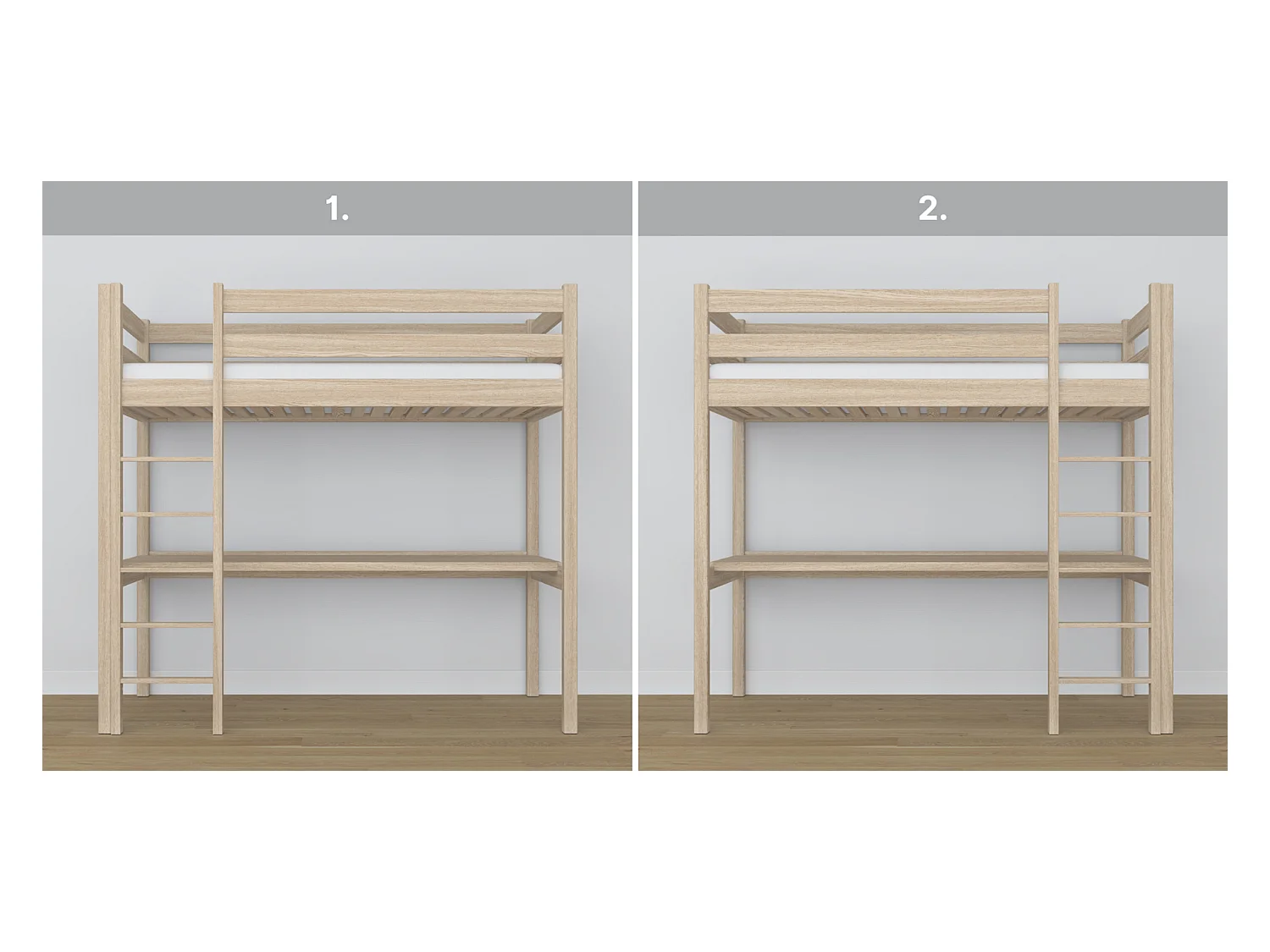 Lit mezzanine en chêne - avec bureau N05 Chêne Blanchi 100x190