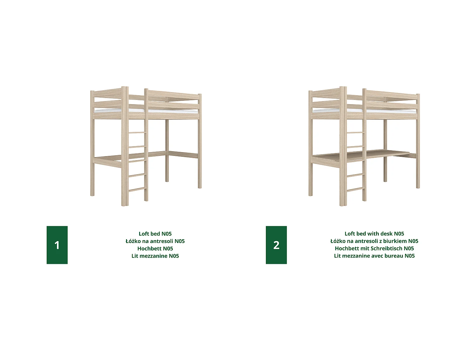 Lit mezzanine en chêne - avec bureau N05 Chêne Blanchi 100x190