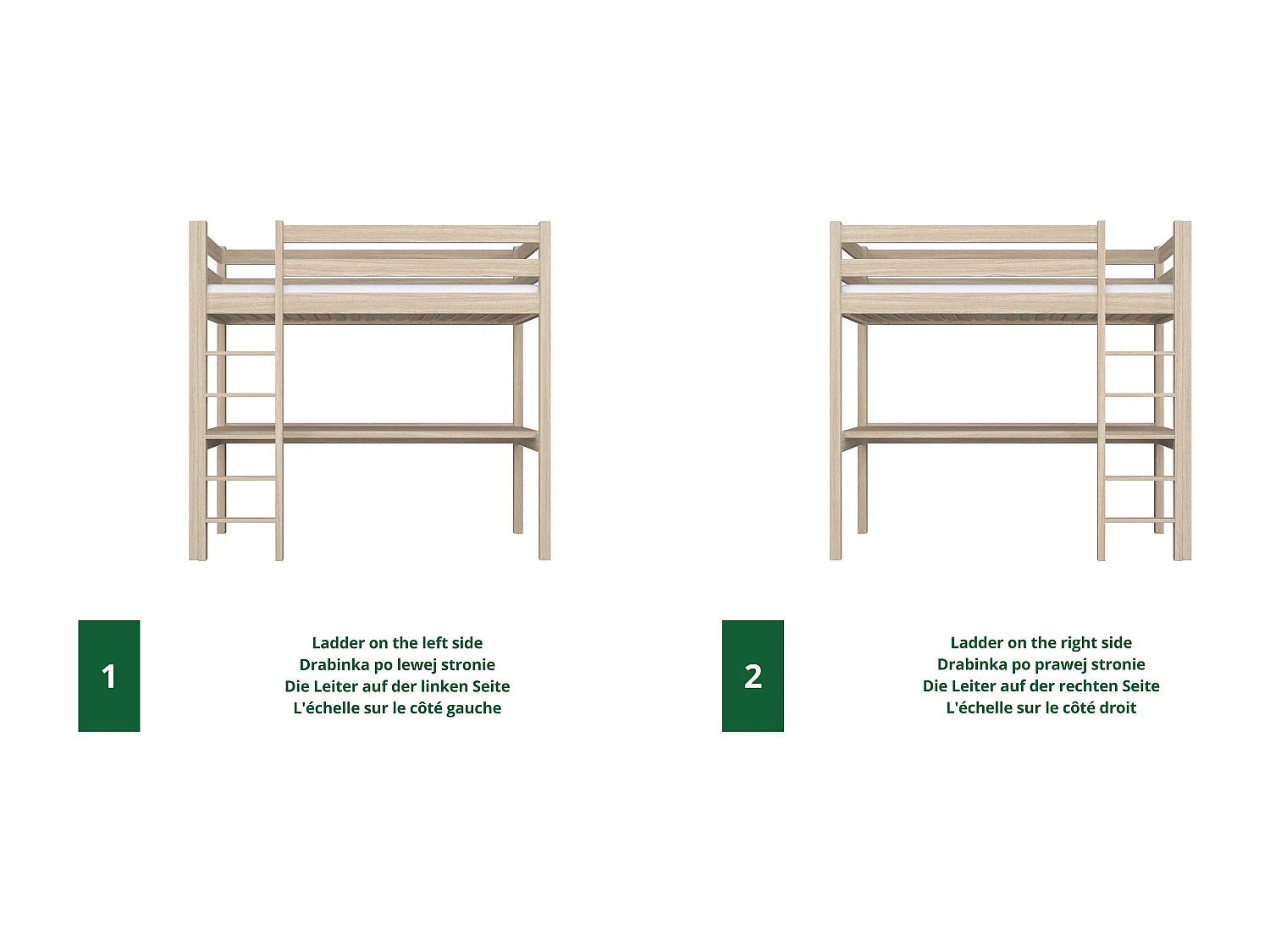 Lit mezzanine en chêne - avec bureau N05 Chêne Blanchi 100x190