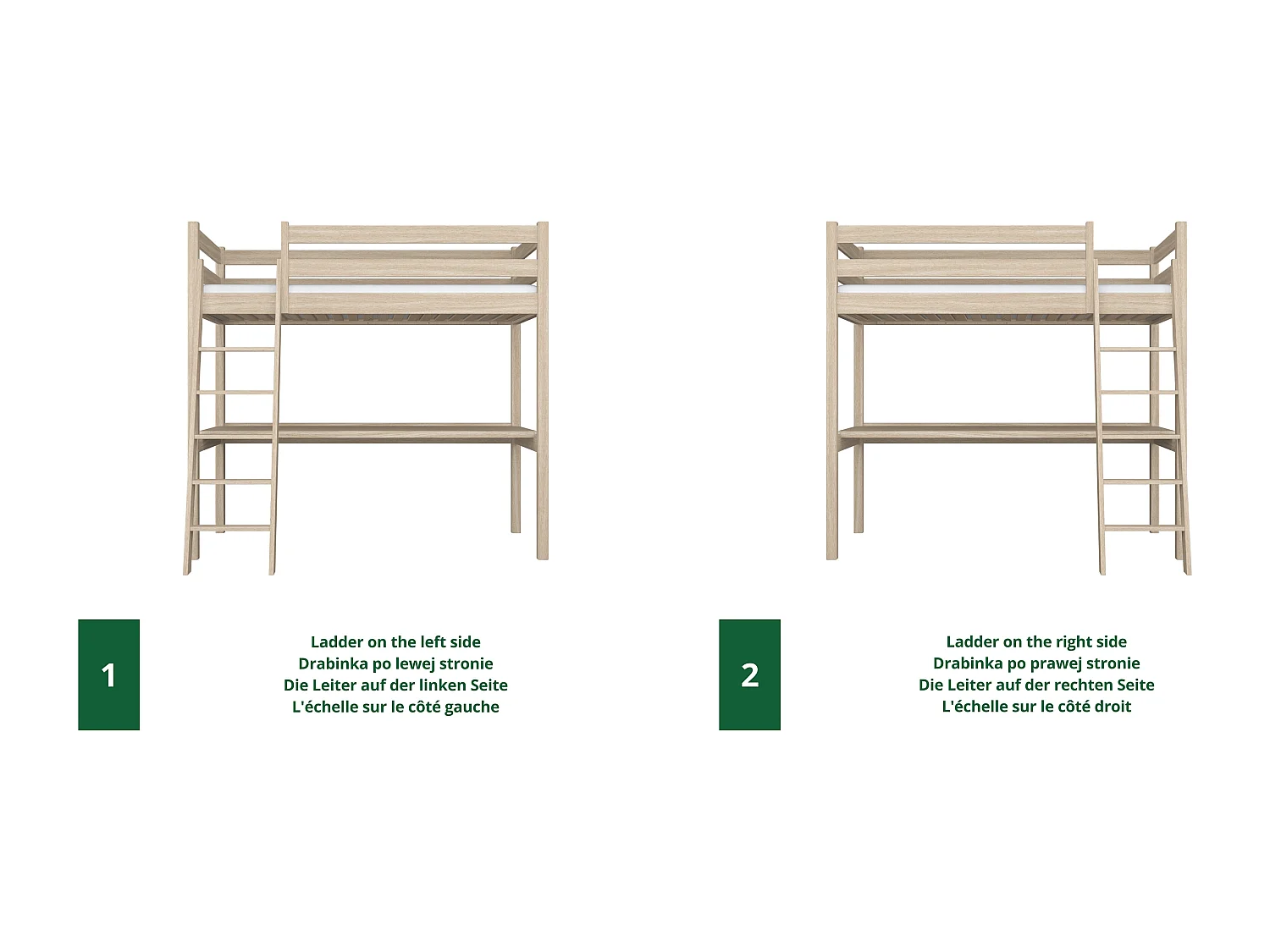 Lit mezzanine en chêne - avec bureau N03 Chêne Blanchi 120x180