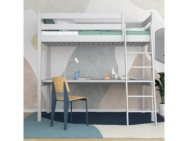 Lit mezzanine en bois - avec bureau N03 Gris 90x200