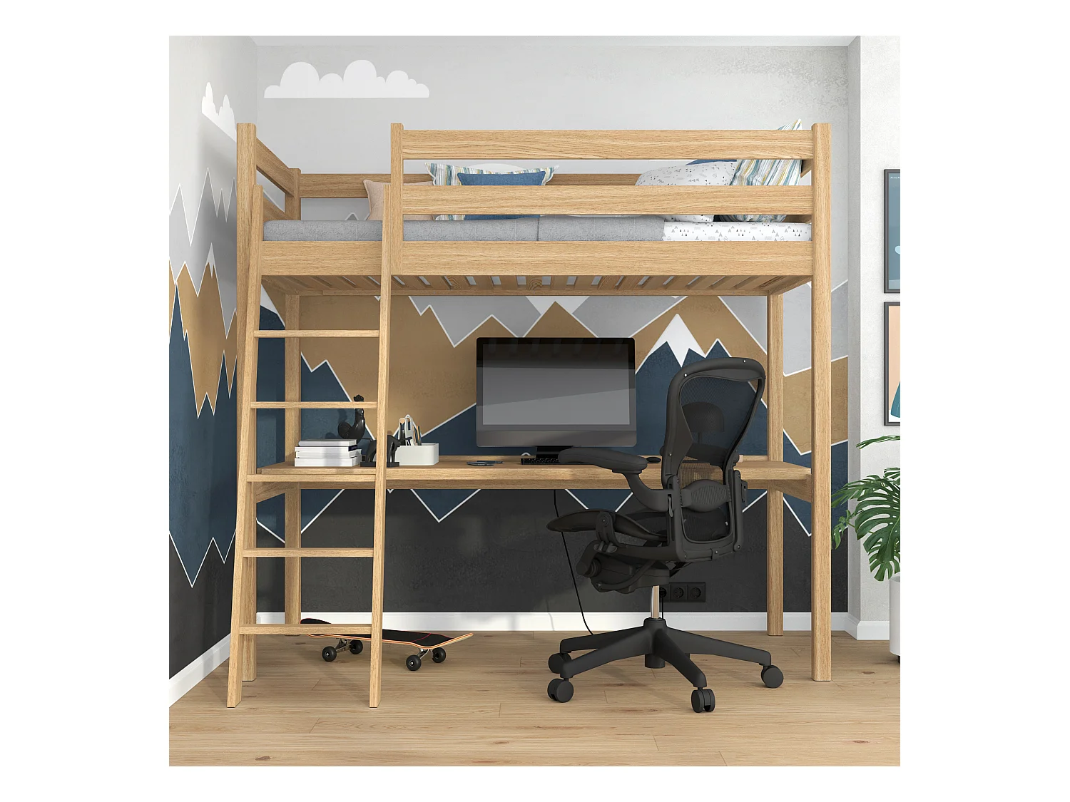 Lit mezzanine en chêne - avec bureau N03 Chêne Naturel 90x200