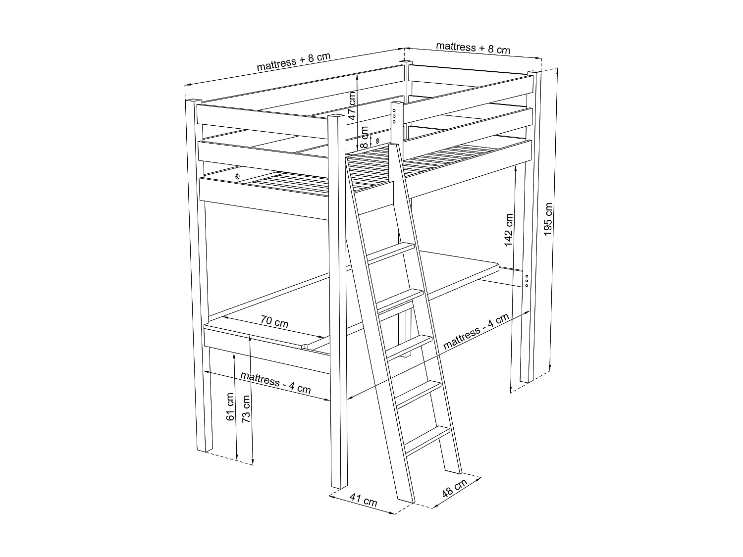 Lit mezzanine en bois - avec bureau N03 Pin Naturel 80x180