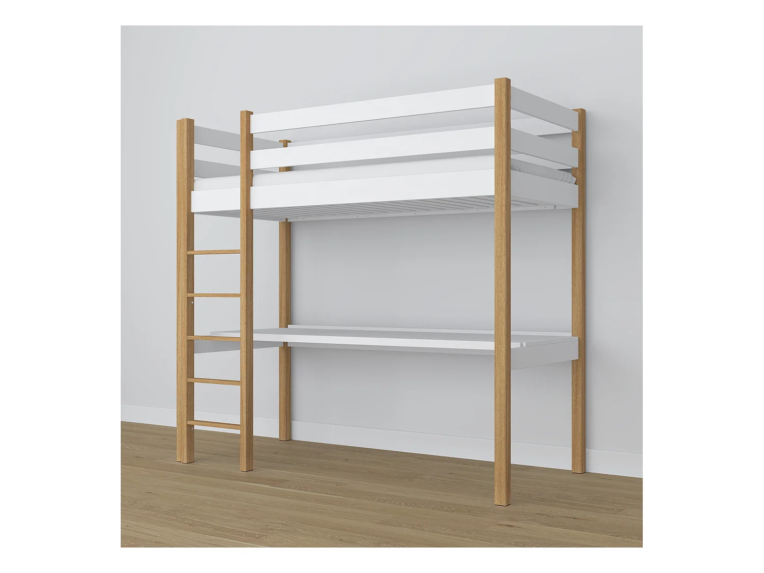 Lit mezzanine en bois - avec bureau N05 Blanc / Chêne Naturel 80x200