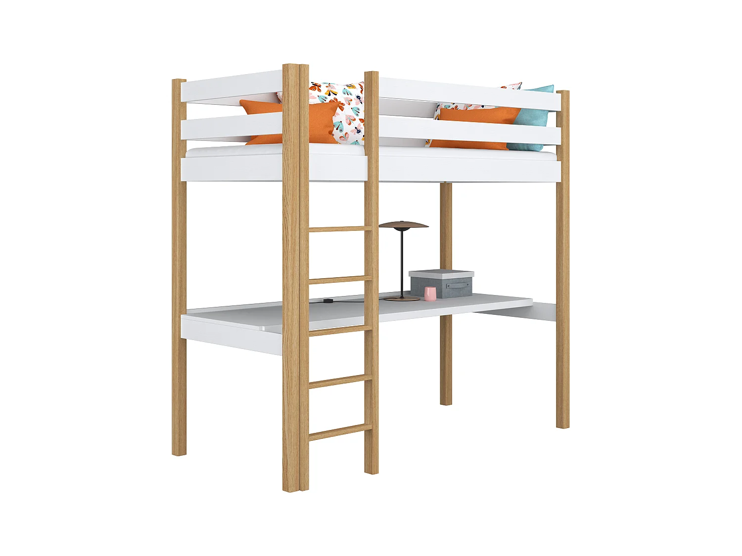 Lit mezzanine en bois - avec bureau N05 Blanc / Chêne Naturel 80x200