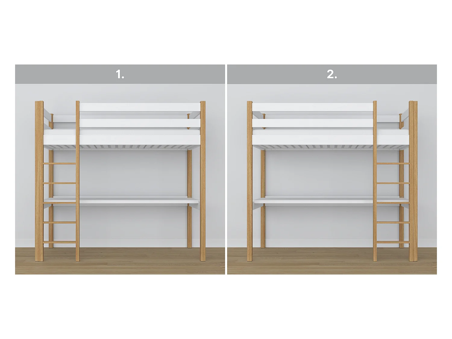 Lit mezzanine en bois - avec bureau N05 Blanc / Chêne Naturel 80x200