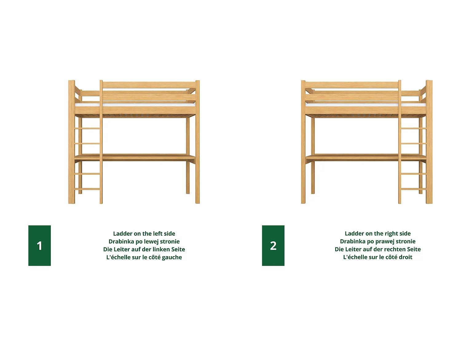 Lit mezzanine en bois - avec bureau N05 Pin Naturel 80x200