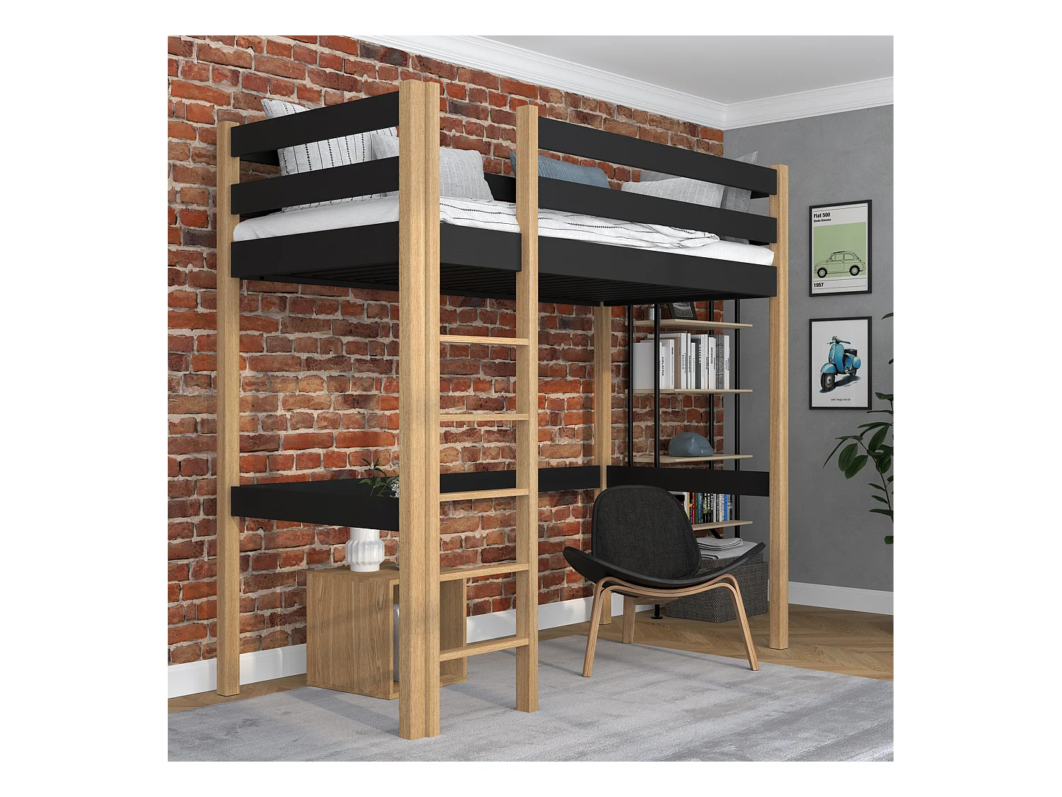 Lit mezzanine en bois N05 Noir / Chêne Naturel 120x180