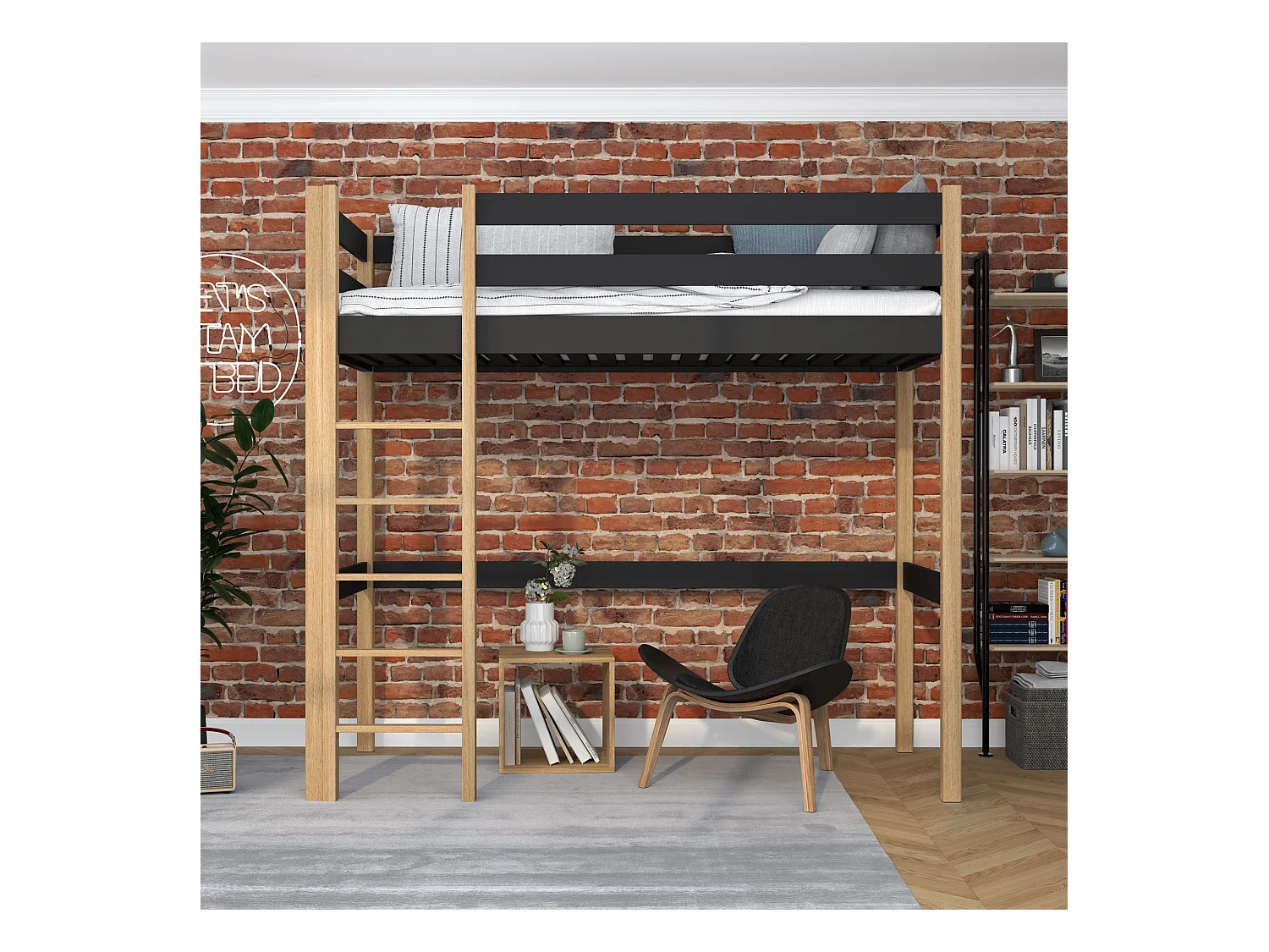 Lit mezzanine en bois N05 Noir / Chêne Naturel 120x180