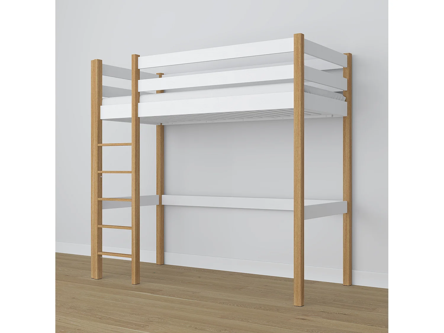 Lit mezzanine en bois N05 Blanc / Chêne Naturel 90x190