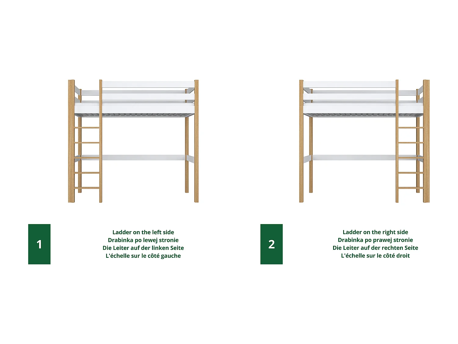 Lit mezzanine en bois N05 Blanc / Chêne Naturel 90x190
