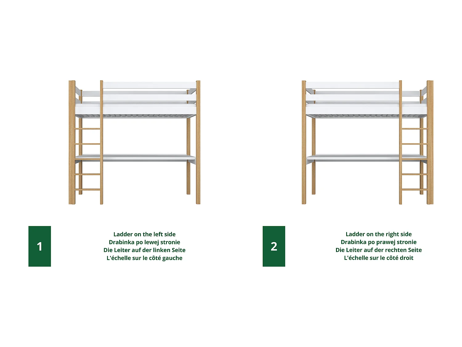 Lit mezzanine en bois - avec bureau N05 Blanc / Chêne Naturel 120x200