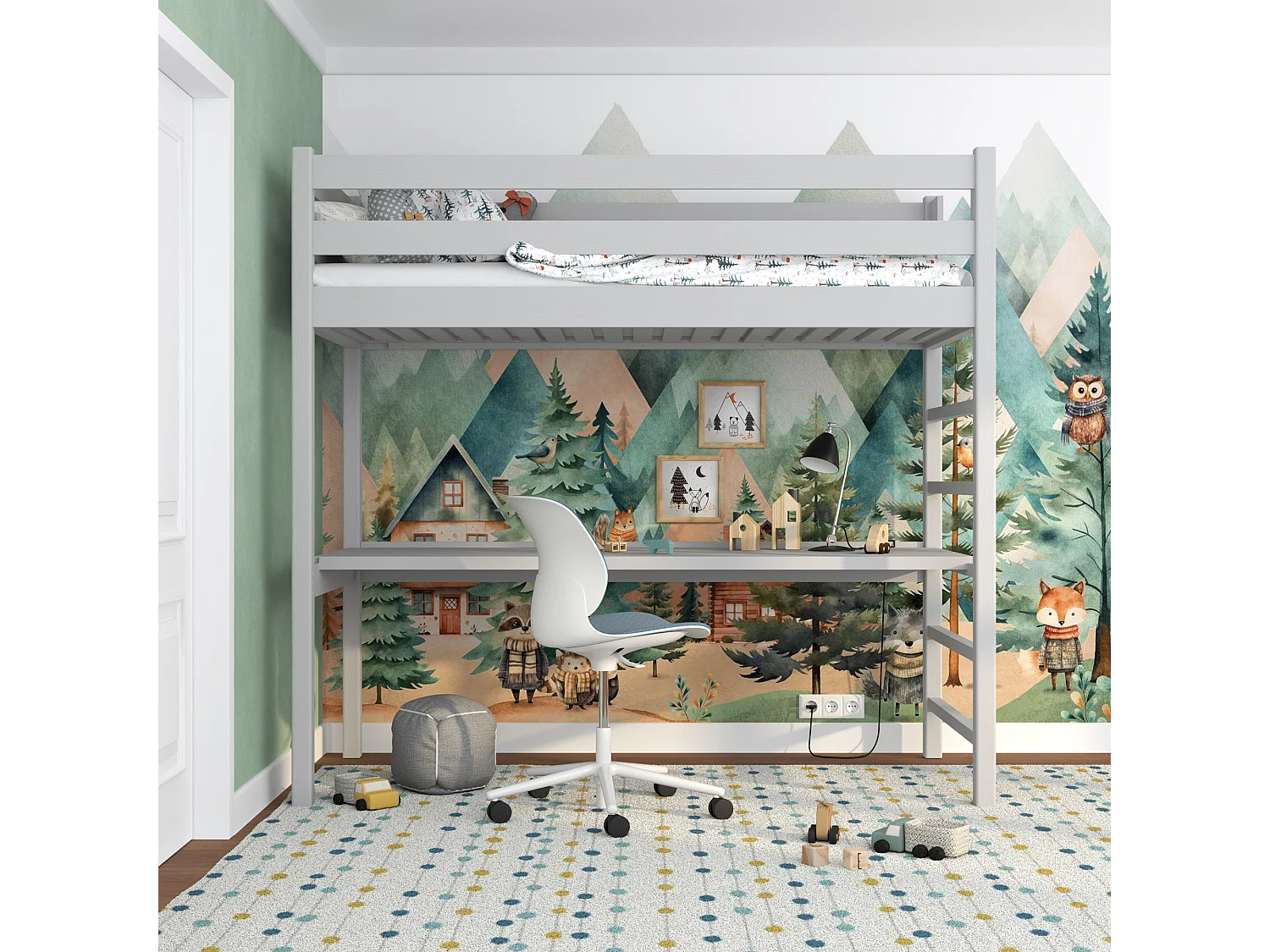 Lit mezzanine en bois - avec bureau N01 Gris 120x180