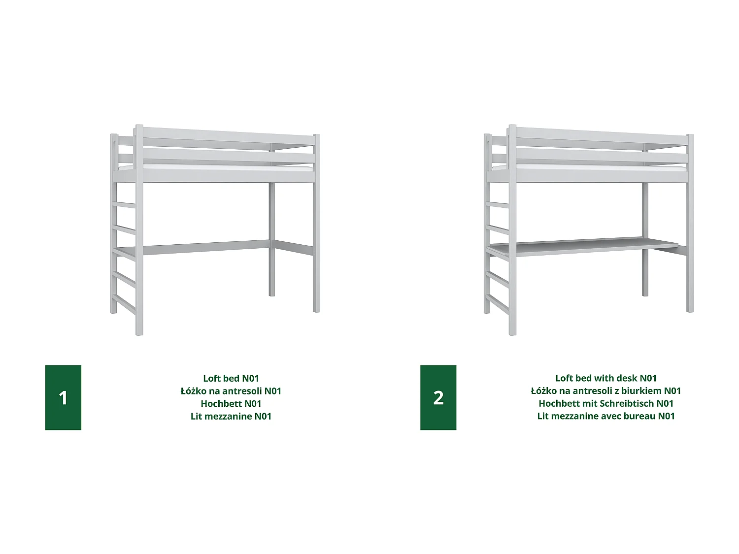 Lit mezzanine en bois - avec bureau N01 Gris 120x180
