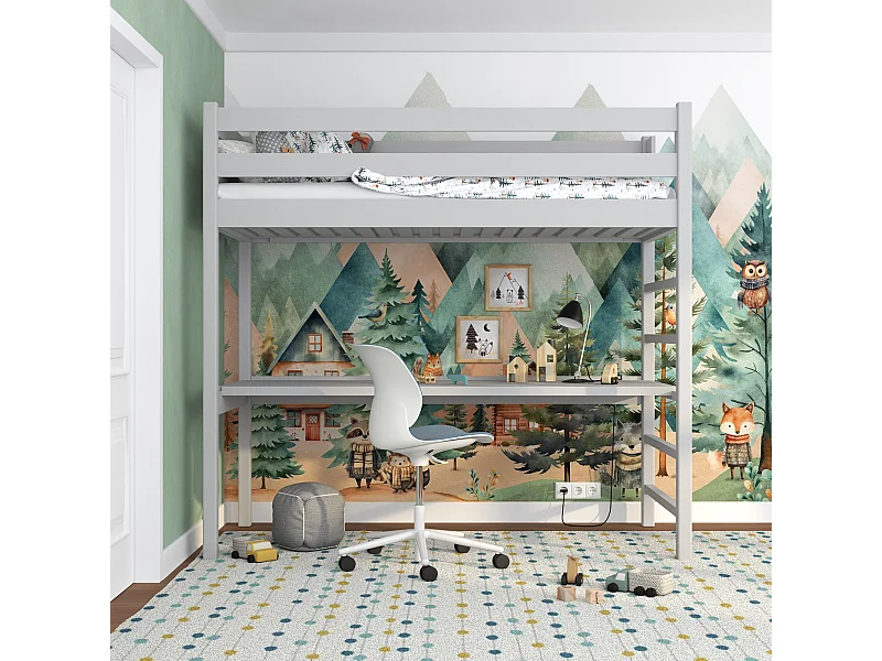 Lit mezzanine en bois - avec bureau N01 Gris 120x200