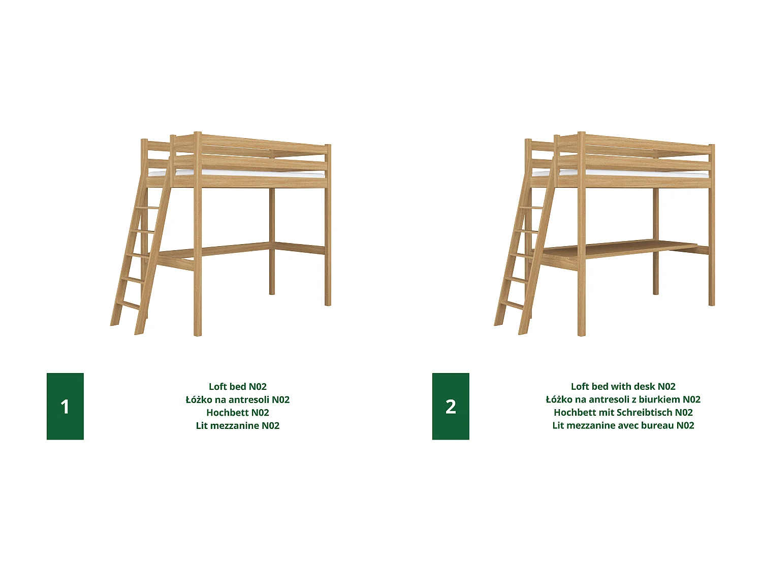 HOCHBETT N02 mit Schreibtisch Eiche Natur 120x180