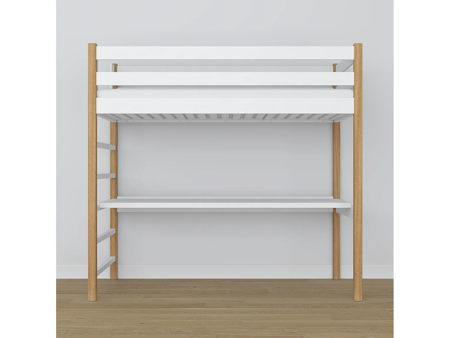 Lit mezzanine en bois - avec bureau N01 Blanc / Chêne Naturel 100x180