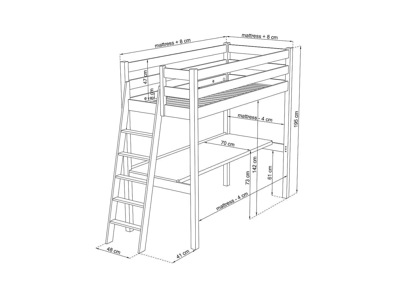 Lit mezzanine en chêne - avec bureau N02 Chêne Blanchi 80x200