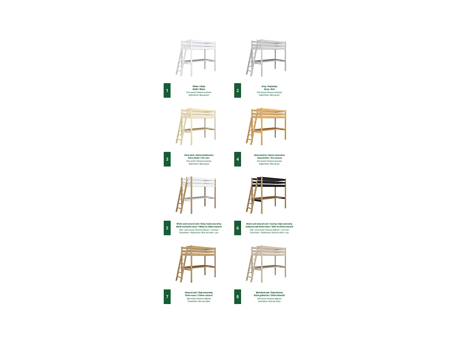 Lit mezzanine en chêne - avec bureau N02 Chêne Blanchi 80x200