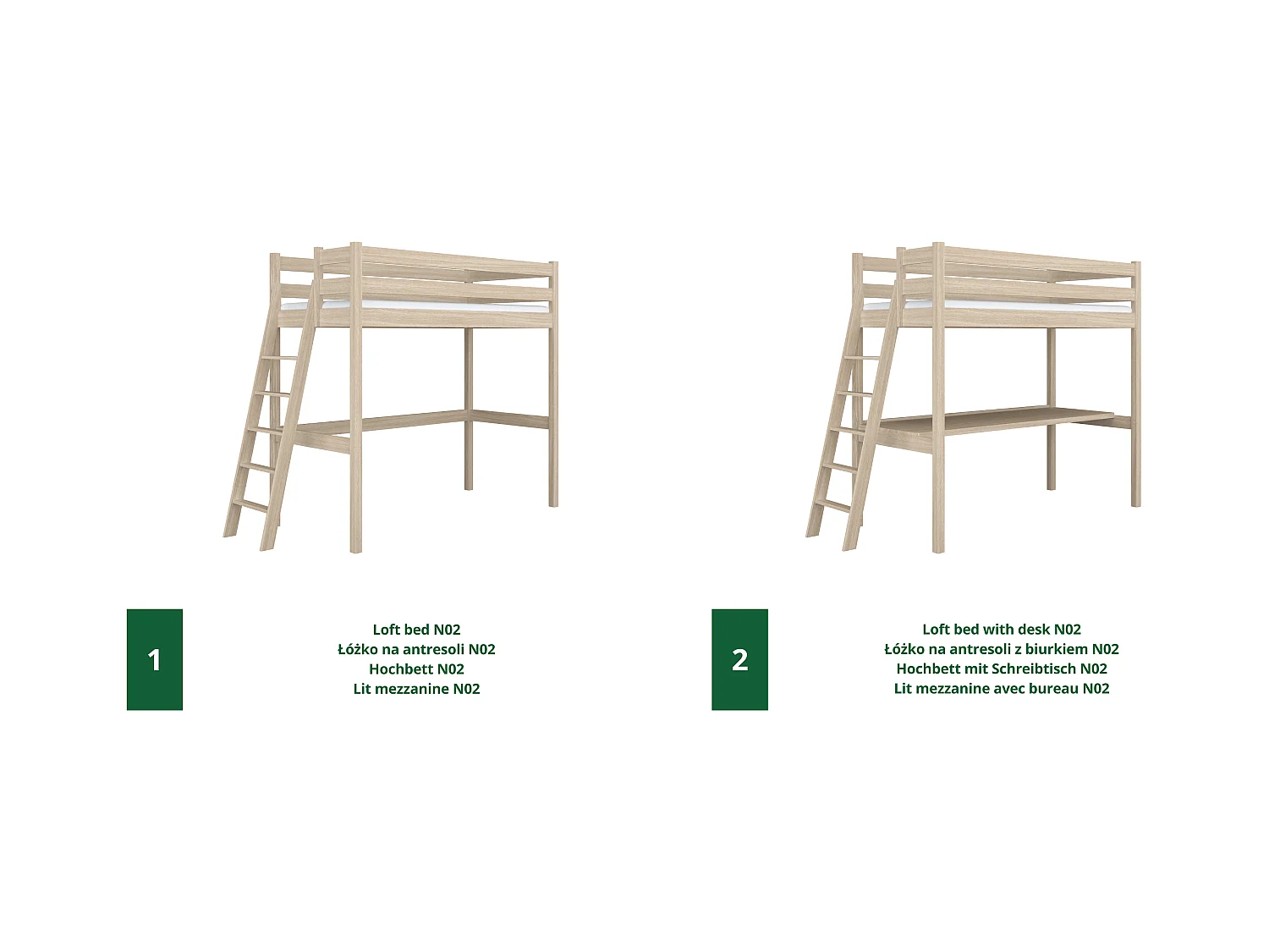 Lit mezzanine en chêne - avec bureau N02 Chêne Blanchi 80x200