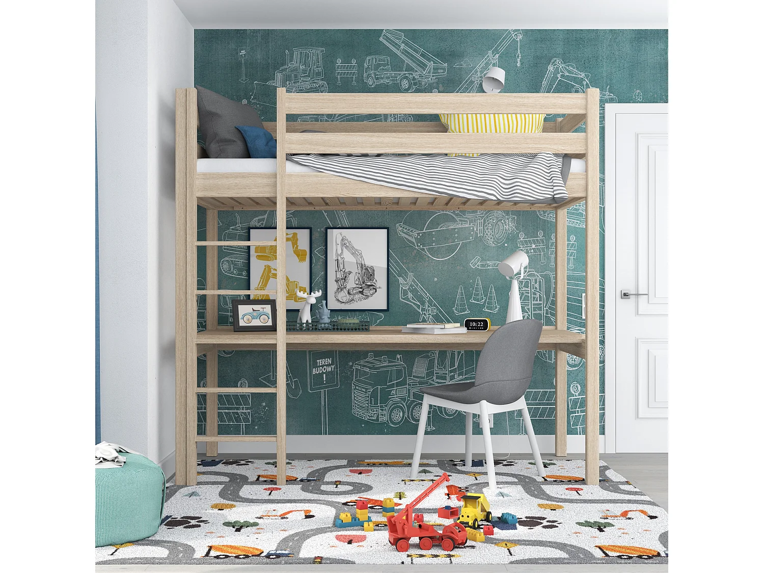 Lit mezzanine en chêne - avec bureau N05 Chêne Blanchi 80x200