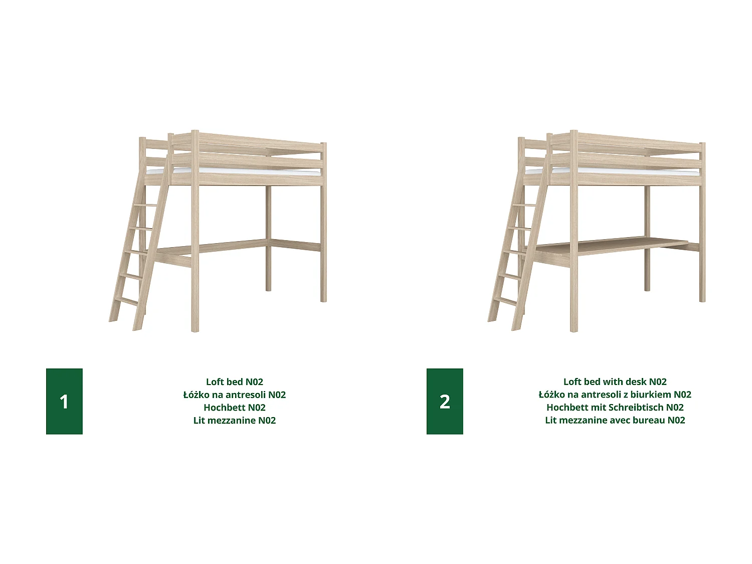 Lit mezzanine en chêne - avec bureau N02 Chêne Blanchi 80x180