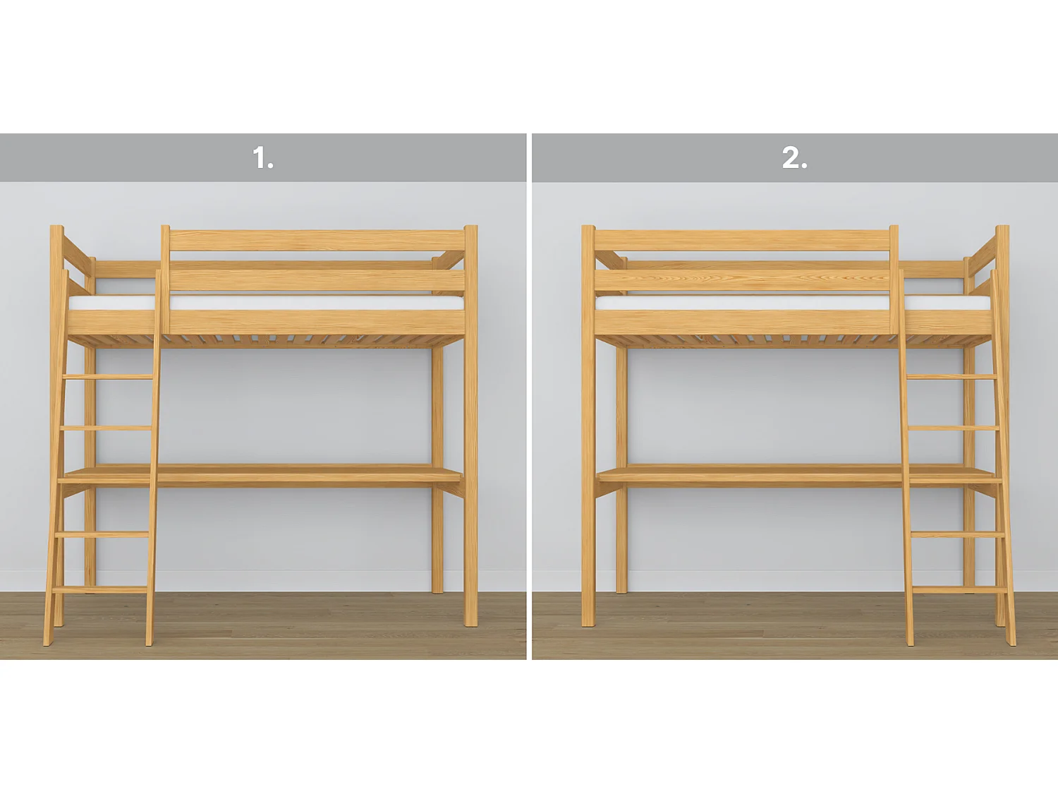 Lit mezzanine en bois - avec bureau N03 Pin Naturel 80x200