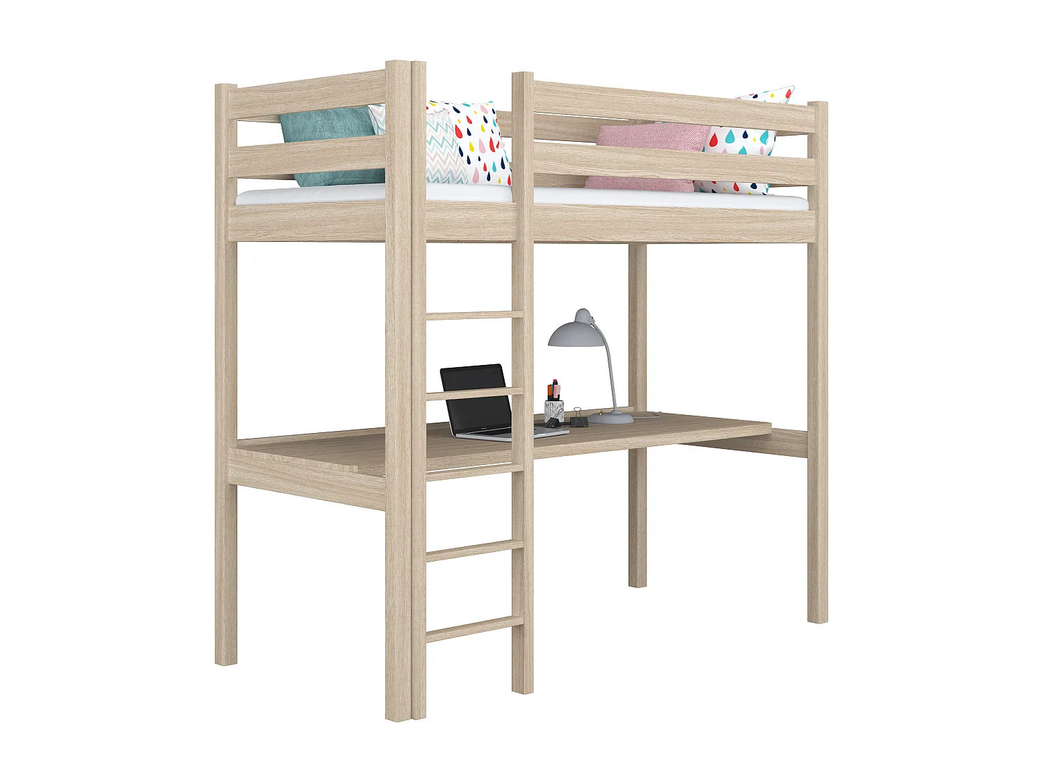 Lit mezzanine en chêne - avec bureau N05 Chêne Blanchi 90x180