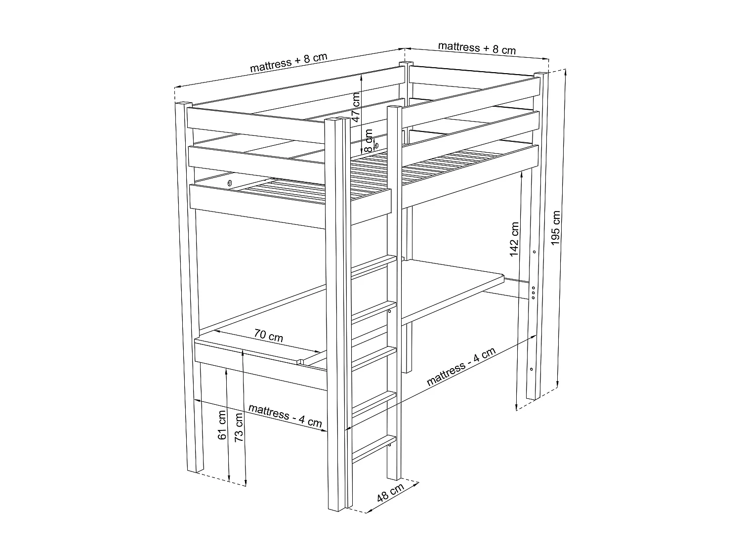 Lit mezzanine en chêne - avec bureau N05 Chêne Blanchi 90x180