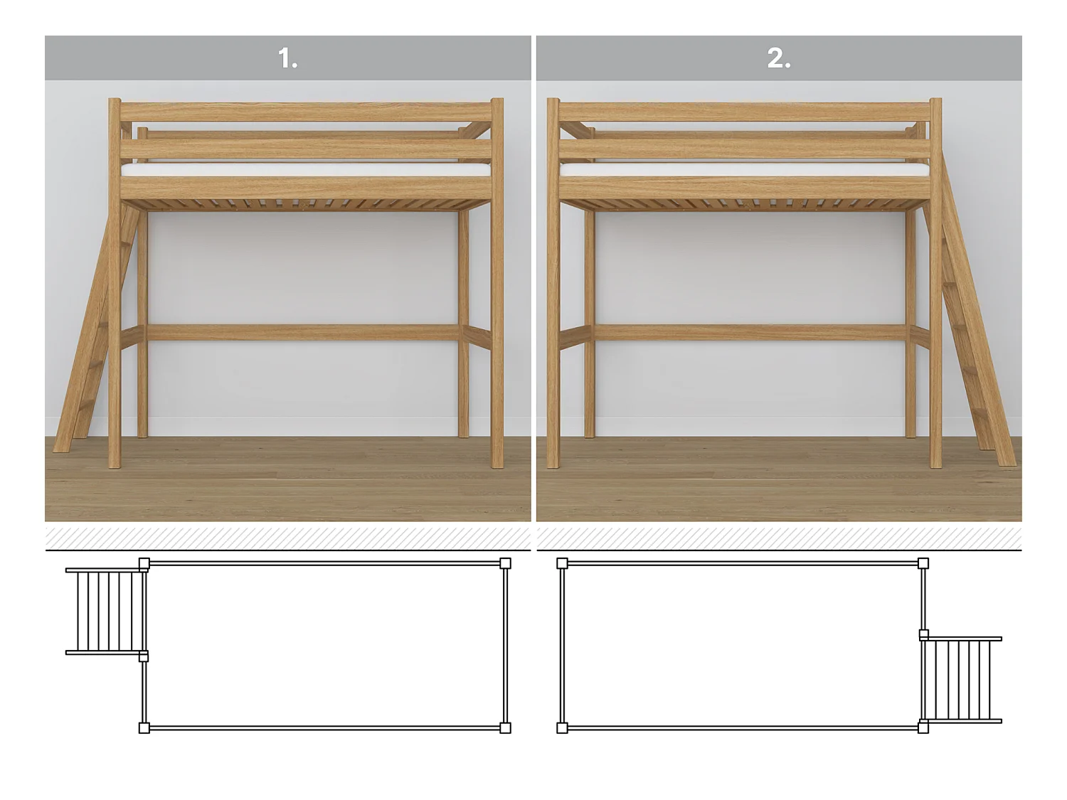 Lit mezzanine en chêne N02 Chêne Naturel 80x200