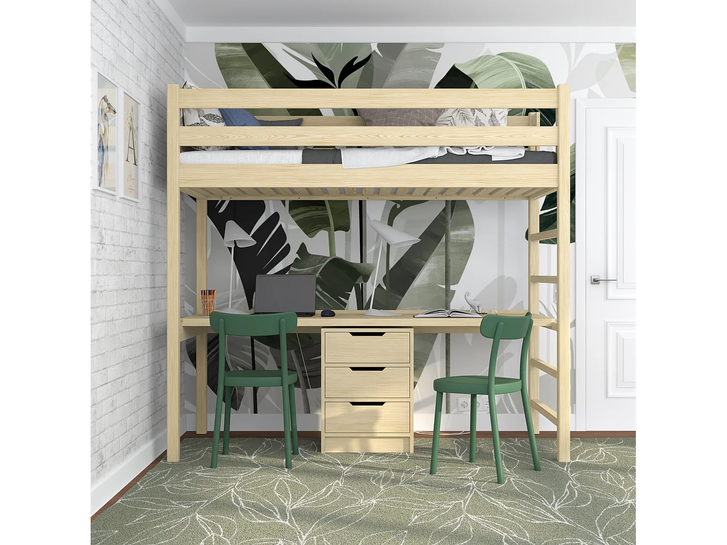 Lit mezzanine en bois - avec bureau N01 Pin Clair 120x190