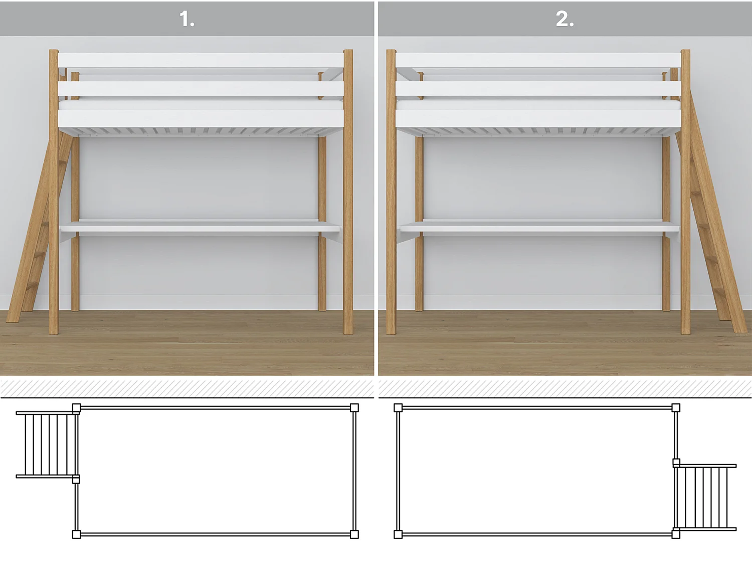 Lit mezzanine en bois - avec bureau N02 Blanc / Chêne Naturel 120x190
