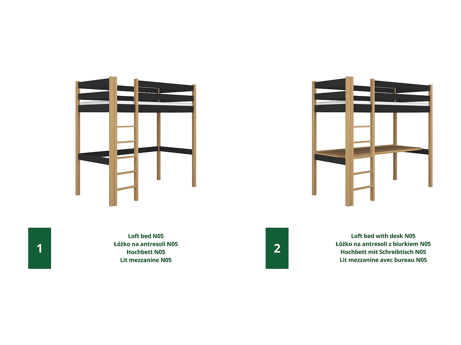 HOCHBETT N05 mit Schreibtisch Schwarz / Eiche Natur 120x190