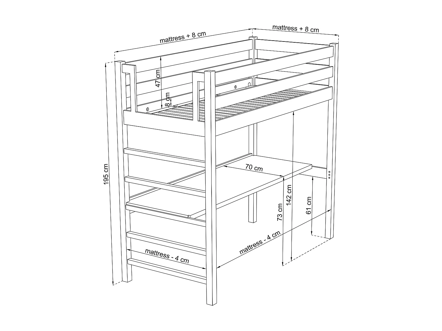 Lit mezzanine en bois - avec bureau N01 Pin Naturel 120x200