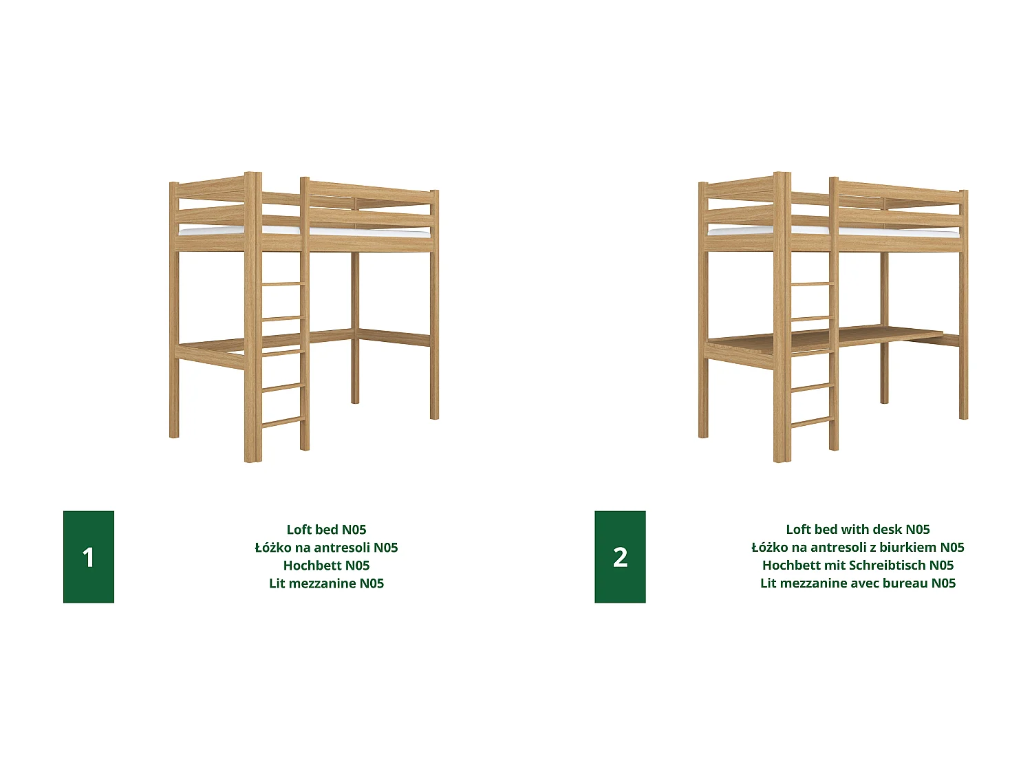 Lit mezzanine en chêne - avec bureau N05 Chêne Naturel 90x190