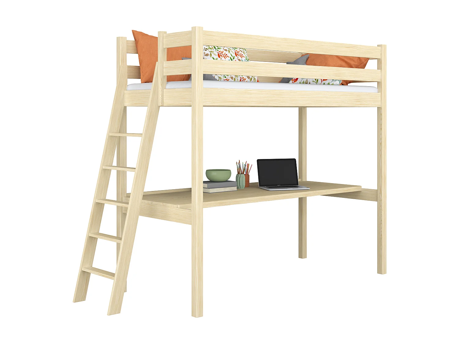 Lit mezzanine en bois - avec bureau N02 Pin Clair 120x180