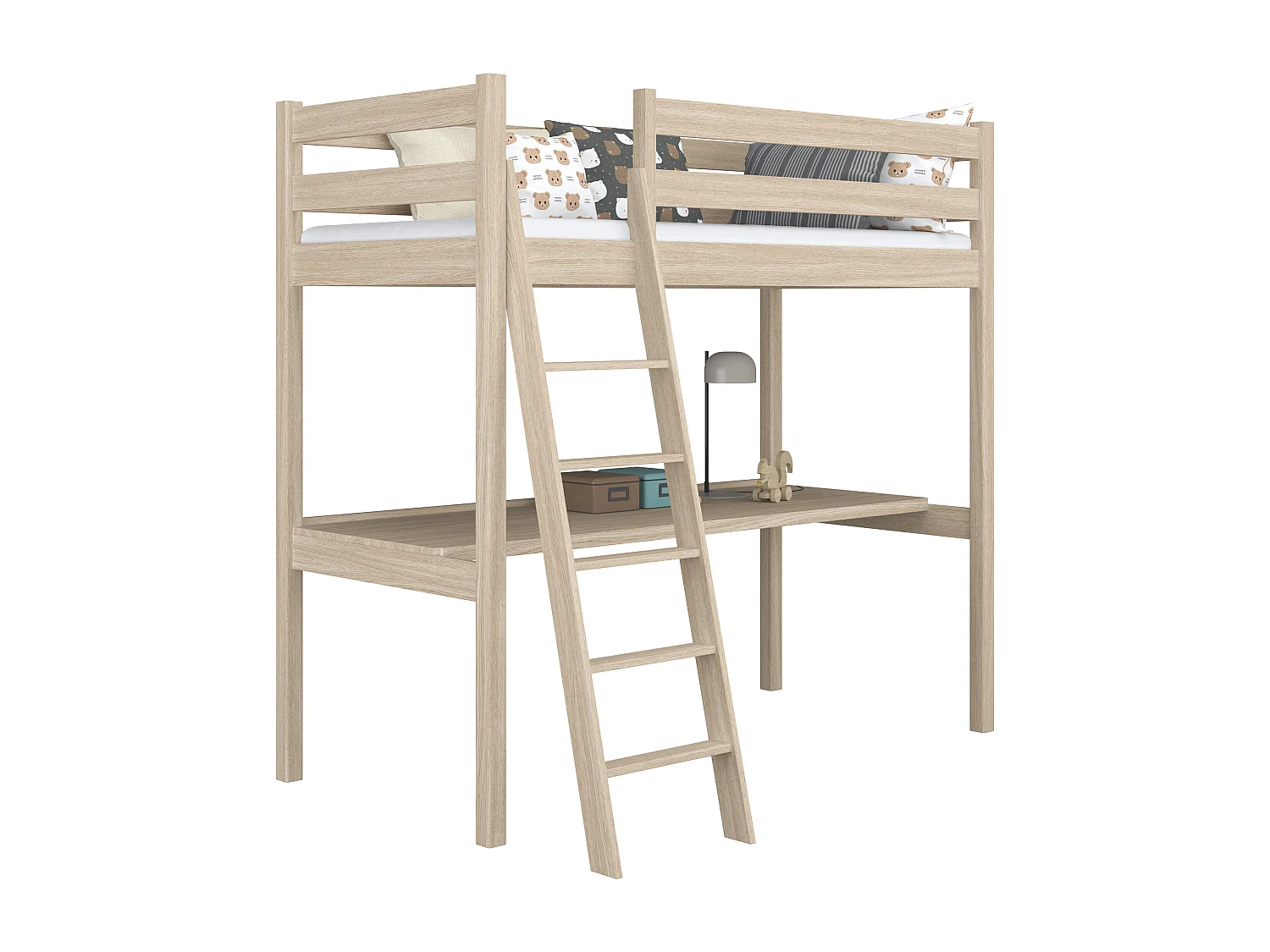 Lit mezzanine en chêne - avec bureau N03 Chêne Blanchi 100x190