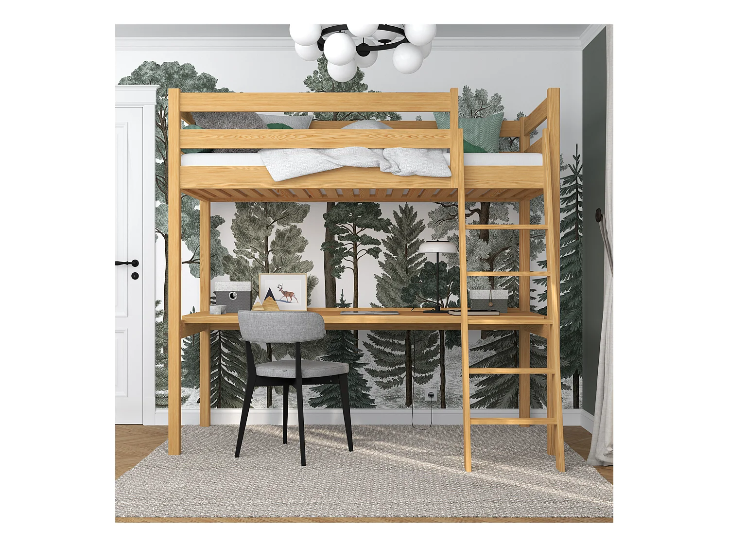 Lit mezzanine en bois - avec bureau N03 Pin Naturel 100x190