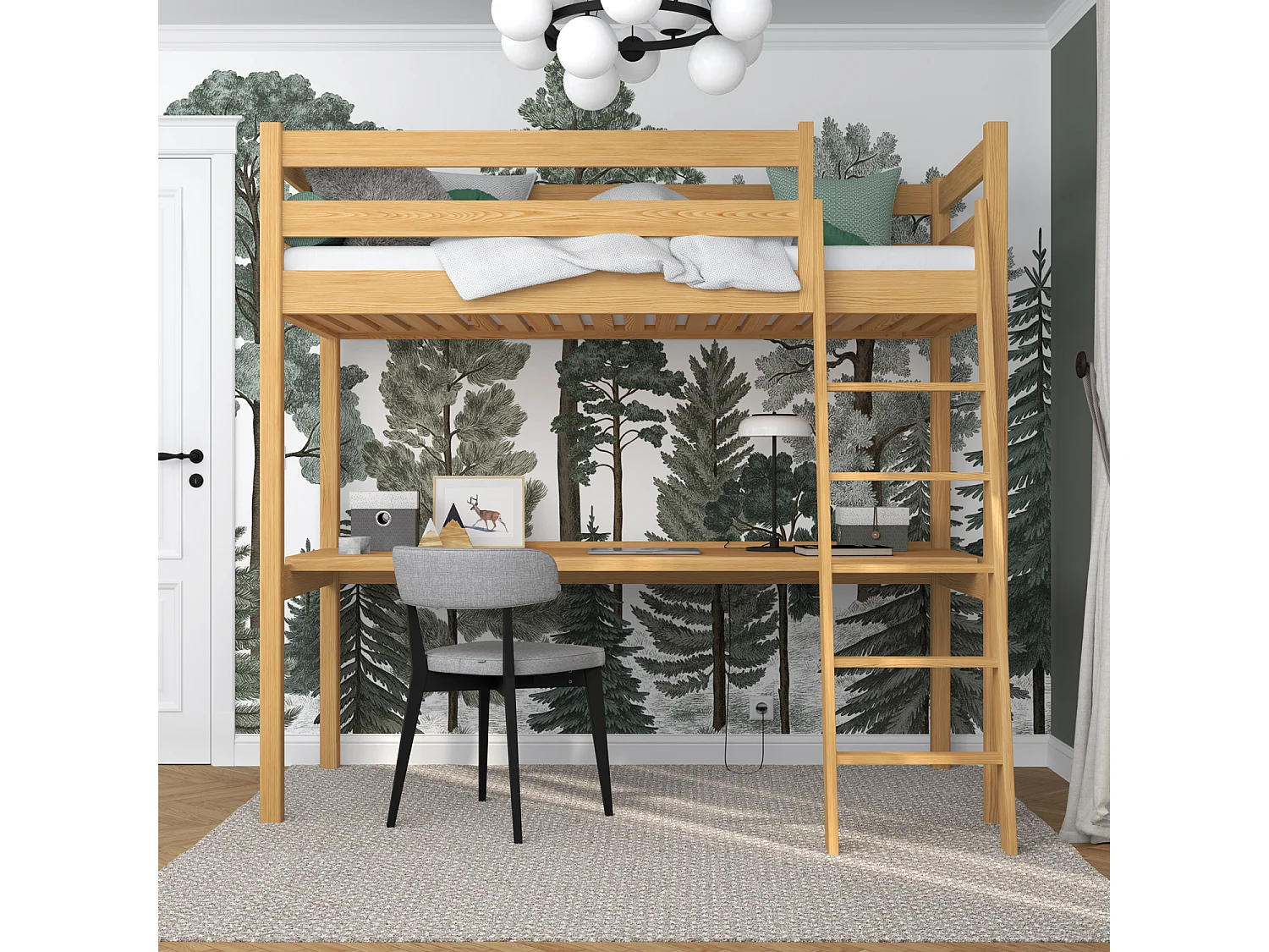 Lit mezzanine en bois - avec bureau N03 Pin Naturel 100x190