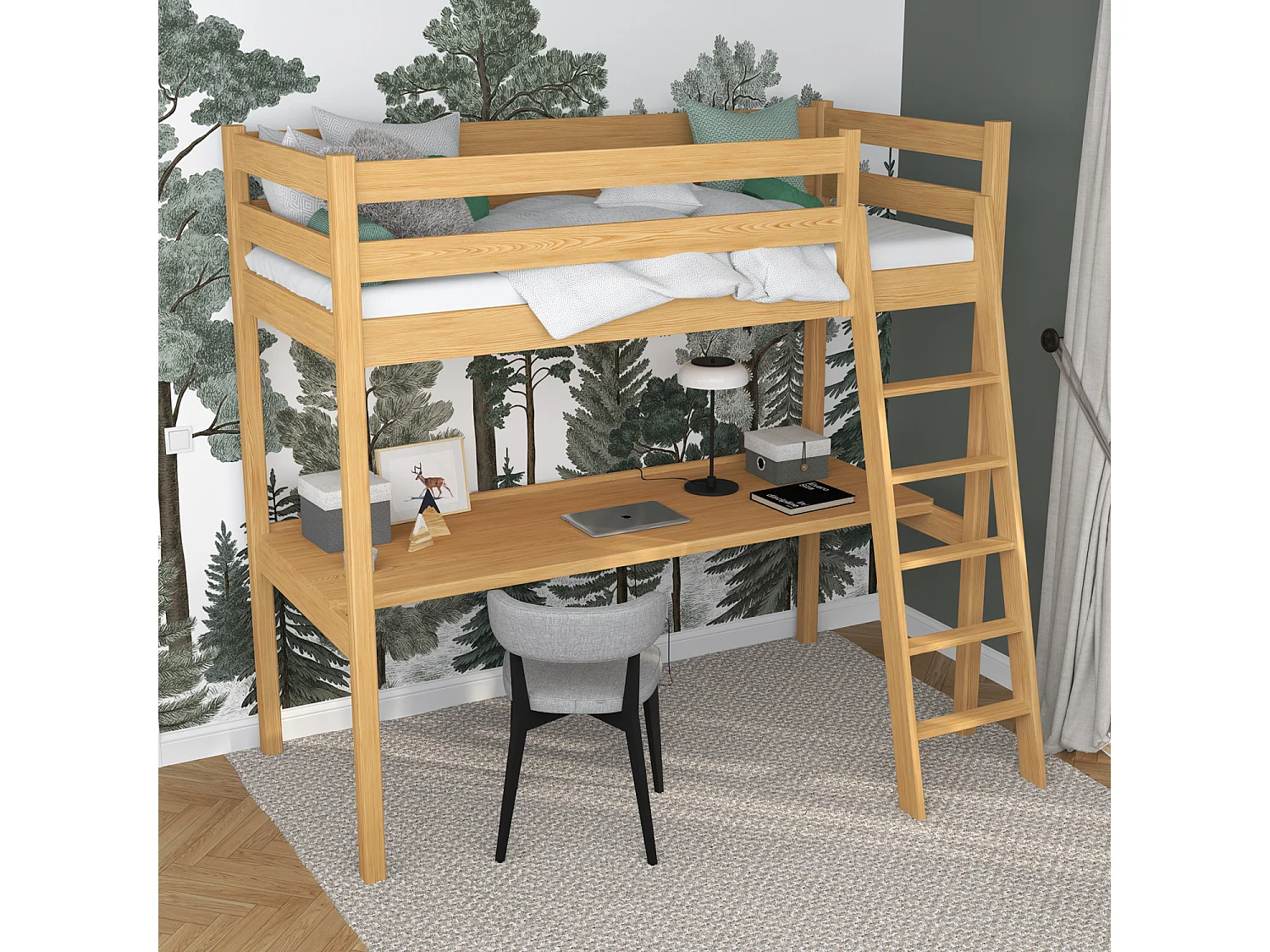 Lit mezzanine en bois - avec bureau N03 Pin Naturel 100x190