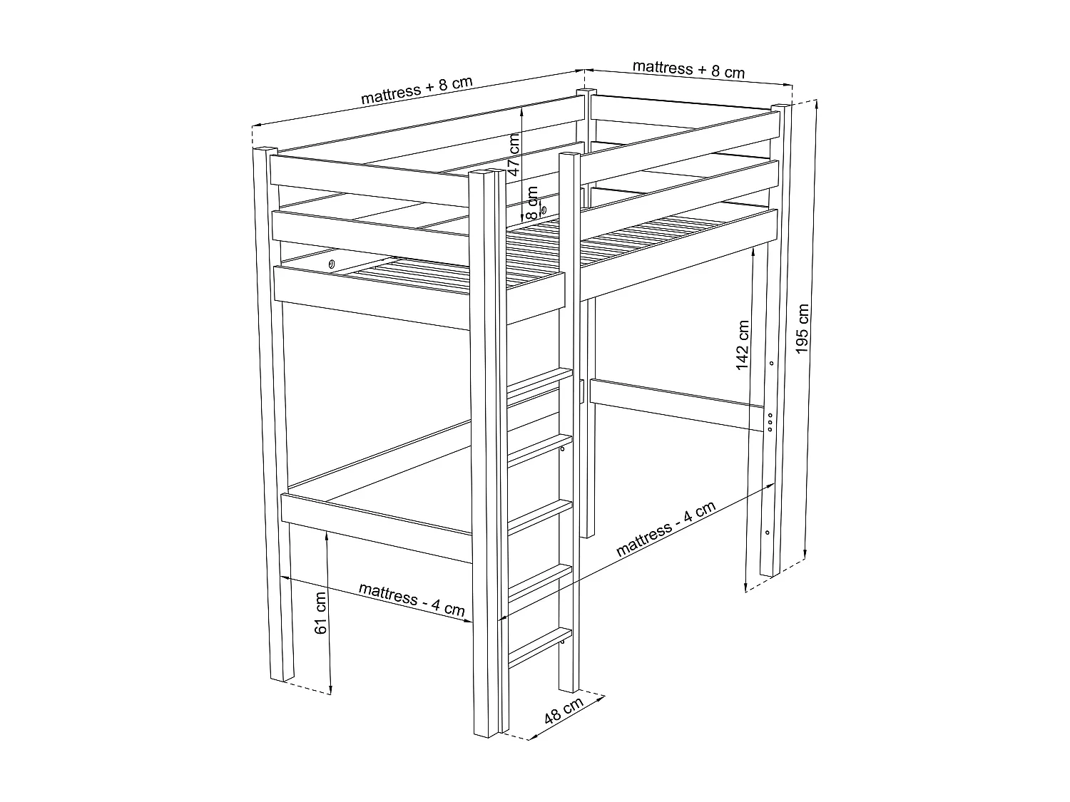Lit mezzanine en chêne N05 Chêne Blanchi 120x190