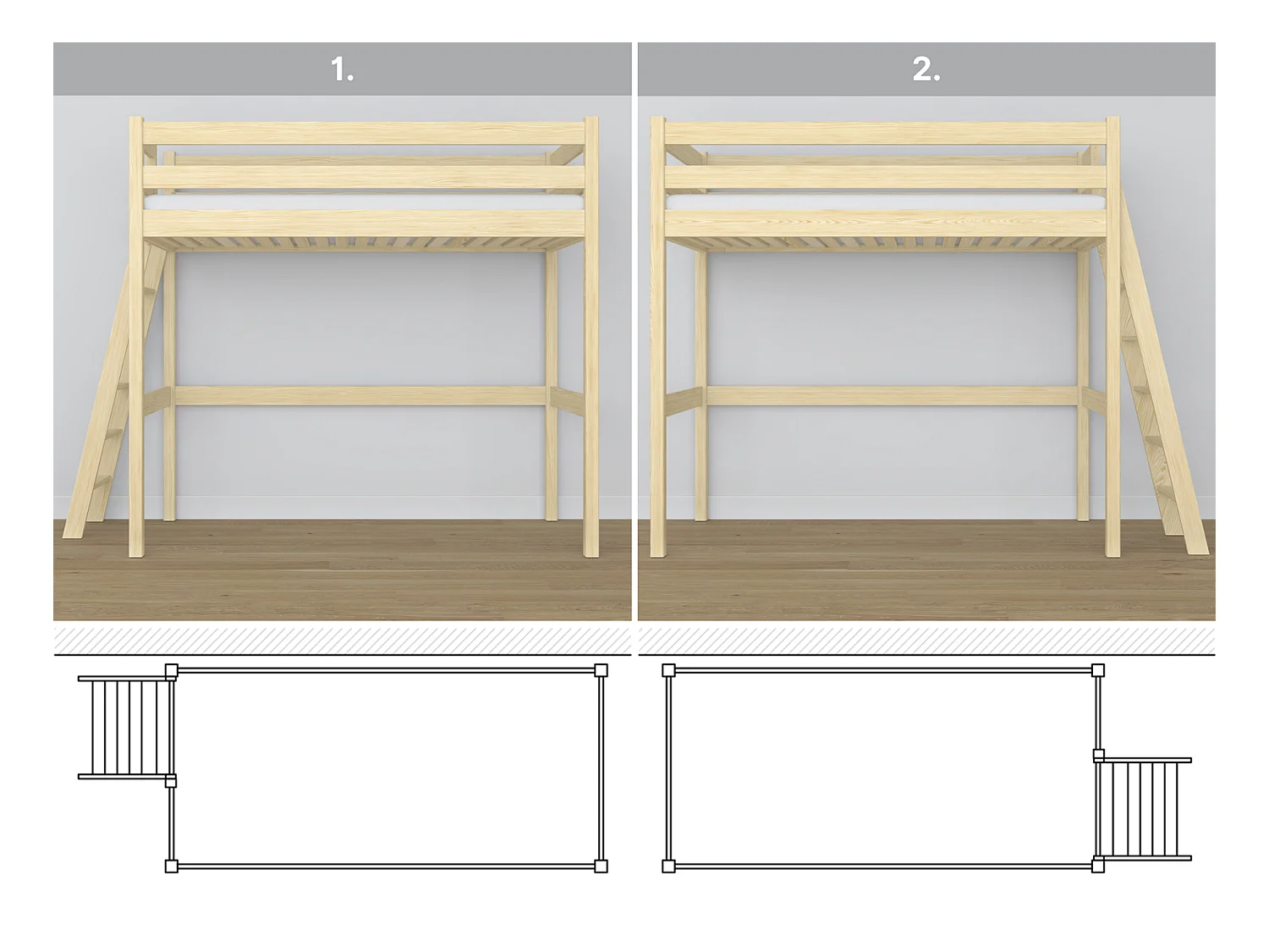 Lit mezzanine en bois N02 Pin Clair 90x200