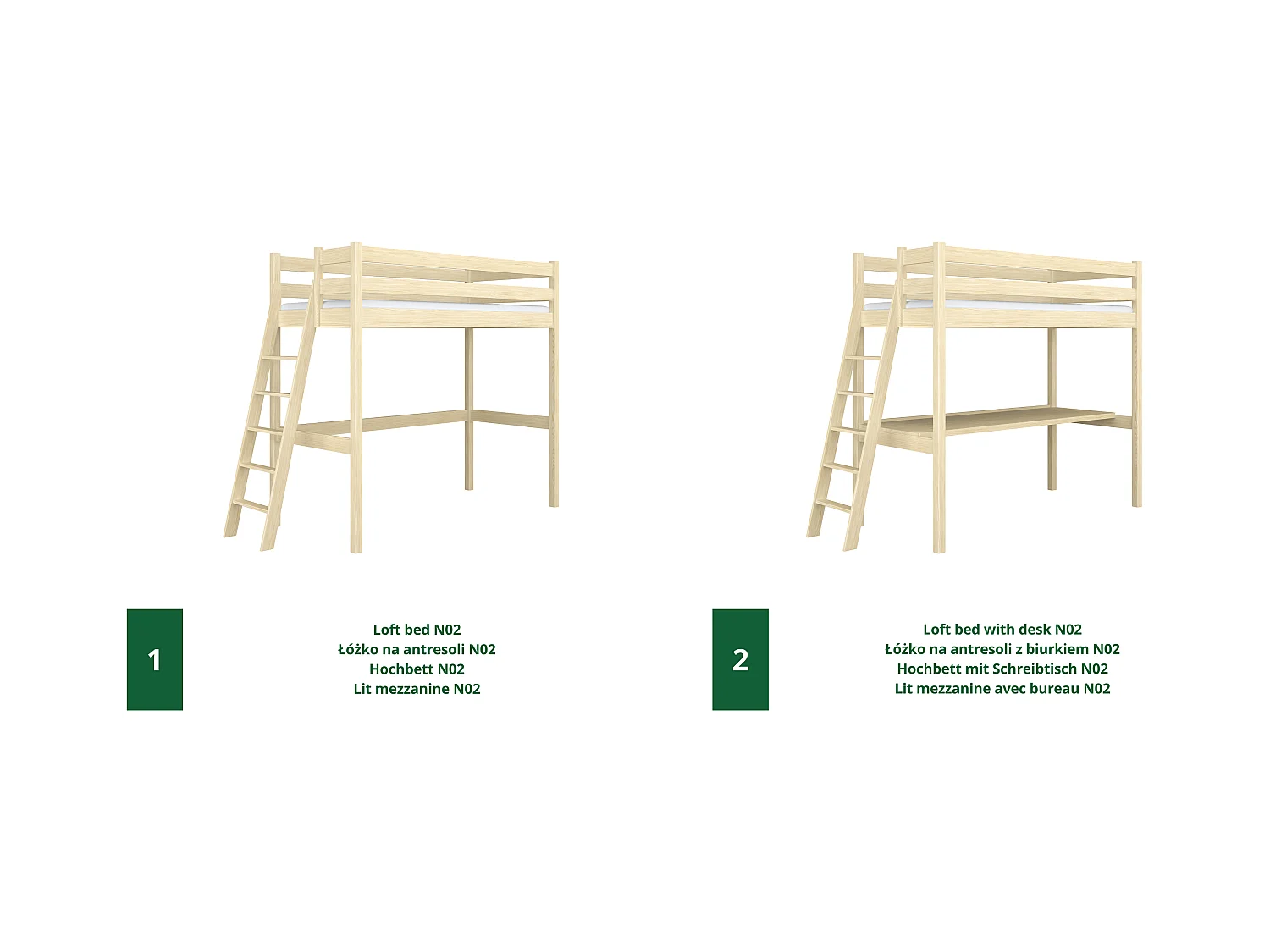 Lit mezzanine en bois N02 Pin Clair 90x200